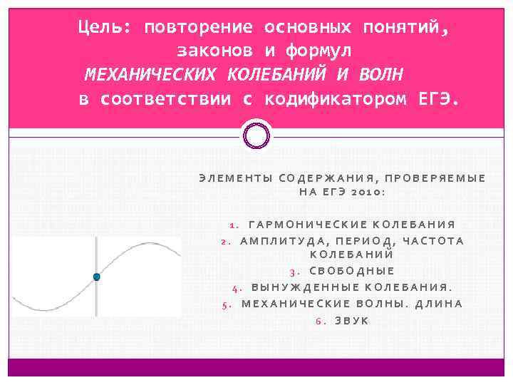Цель: повторение основных понятий, законов и формул МЕХАНИЧЕСКИХ КОЛЕБАНИЙ И ВОЛН в соответствии с