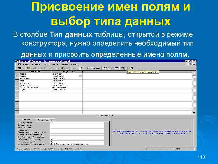 Присвоение имен полям и выбор типа данных В столбце Тип данных таблицы, открытой в