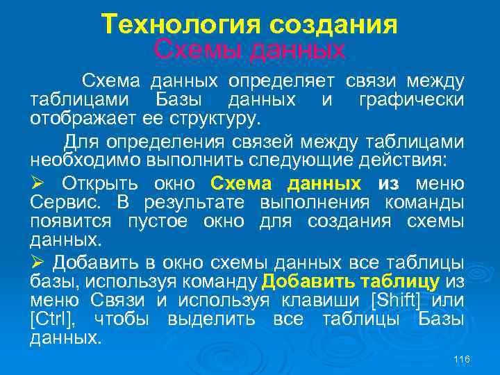 Технология создания Схемы данных Схема данных определяет связи между таблицами Базы данных и графически