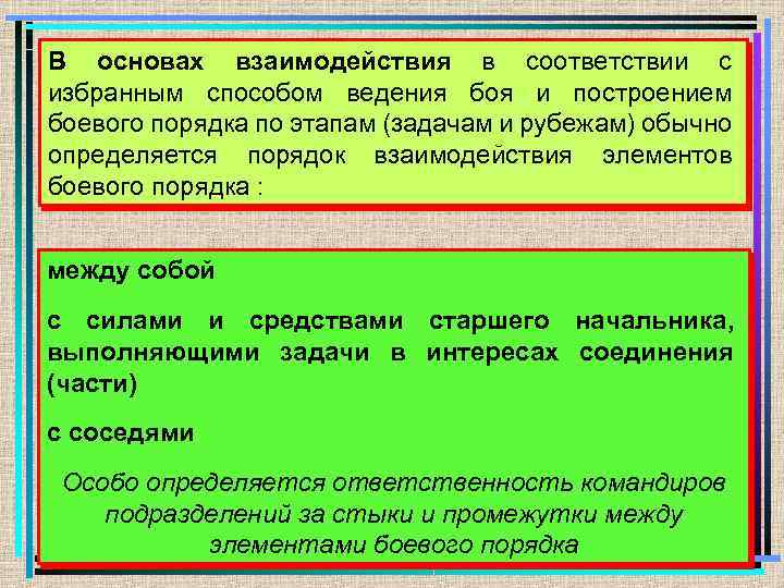 В основах взаимодействия в соответствии с избранным способом ведения боя и построением боевого порядка