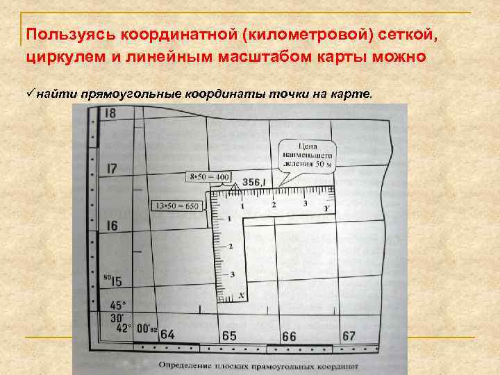 Пользуясь координатной (километровой) сеткой, циркулем и линейным масштабом карты можно üнайти прямоугольные координаты точки