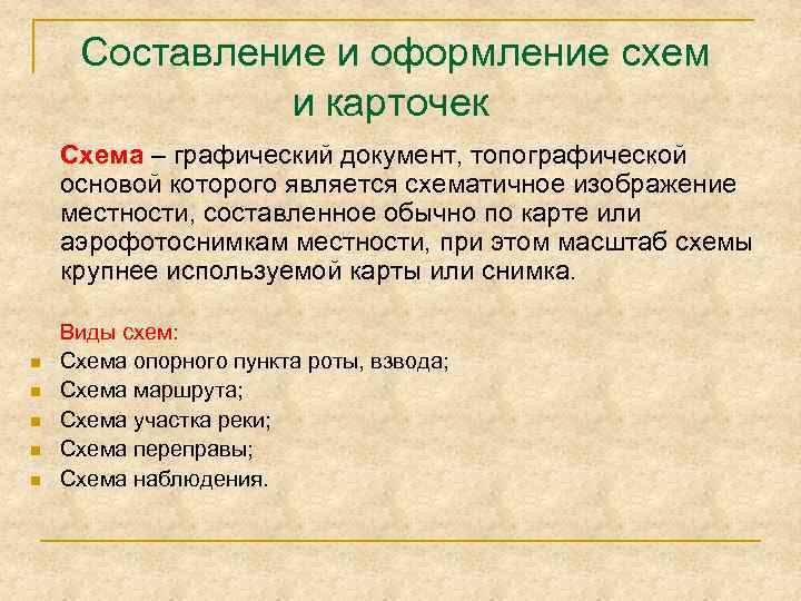 Составление и оформление схем и карточек Схема – графический документ, топографической основой которого является