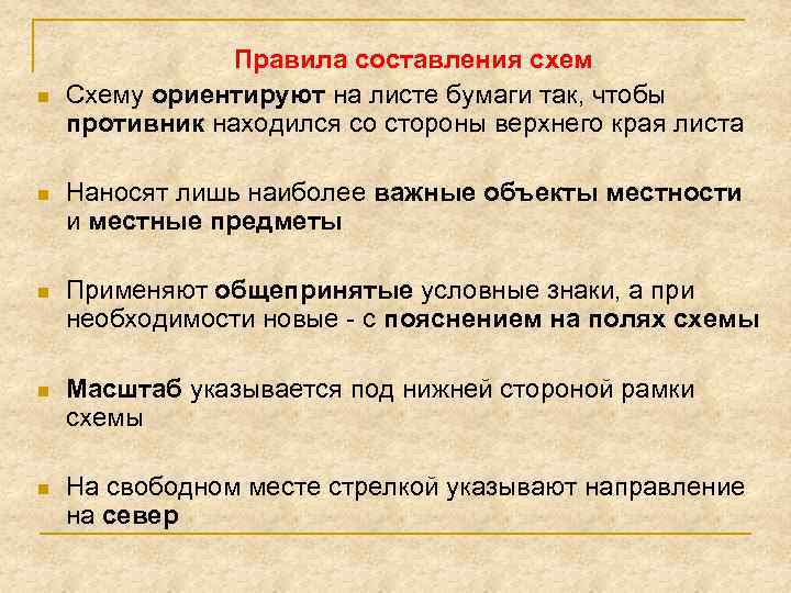 n Правила составления схем Схему ориентируют на листе бумаги так, чтобы противник находился со