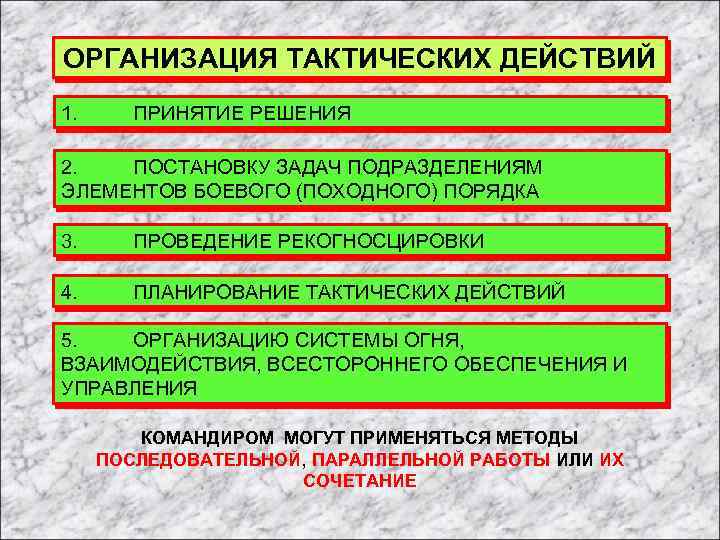 ОРГАНИЗАЦИЯ ТАКТИЧЕСКИХ ДЕЙСТВИЙ 1. ПРИНЯТИЕ РЕШЕНИЯ 2. ПОСТАНОВКУ ЗАДАЧ ПОДРАЗДЕЛЕНИЯМ ЭЛЕМЕНТОВ БОЕВОГО (ПОХОДНОГО) ПОРЯДКА