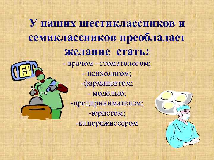 У наших шестиклассников и семиклассников преобладает желание стать: - врачом –стоматологом; - психологом; -фармацевтом;