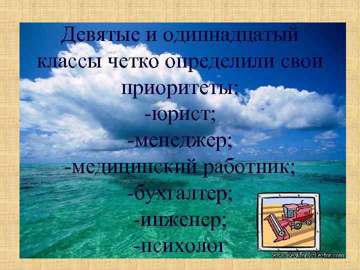 Девятые и одиннадцатый классы четко определили свои приоритеты: -юрист; -менеджер; -медицинский работник; -бухгалтер; -инженер;