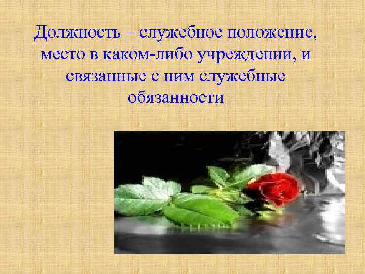 Должность – служебное положение, место в каком-либо учреждении, и связанные с ним служебные обязанности