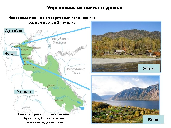Управление на местном уровне Непосредственно на территории заповедника располагается 2 посёлка Артыбаш Иогач Яйлю