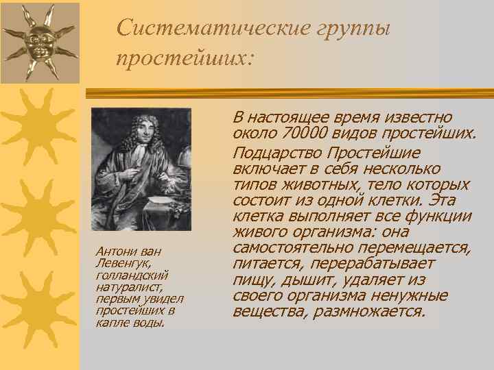 Систематические группы простейших: Антони ван Левенгук, голландский натуралист, первым увидел простейших в капле воды.