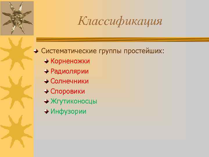 Классификация Систематические группы простейших: Корненожки Радиолярии Солнечники Споровики Жгутиконосцы Инфузории 