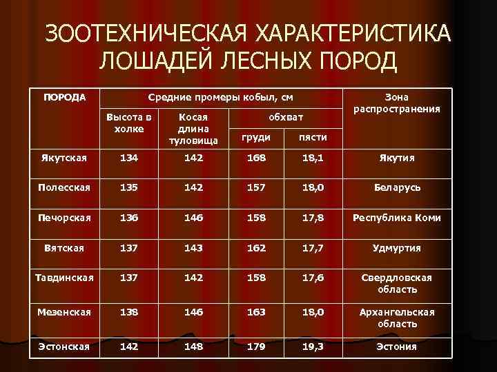 ЗООТЕХНИЧЕСКАЯ ХАРАКТЕРИСТИКА ЛОШАДЕЙ ЛЕСНЫХ ПОРОДА Средние промеры кобыл, см обхват Зона распространения Высота в