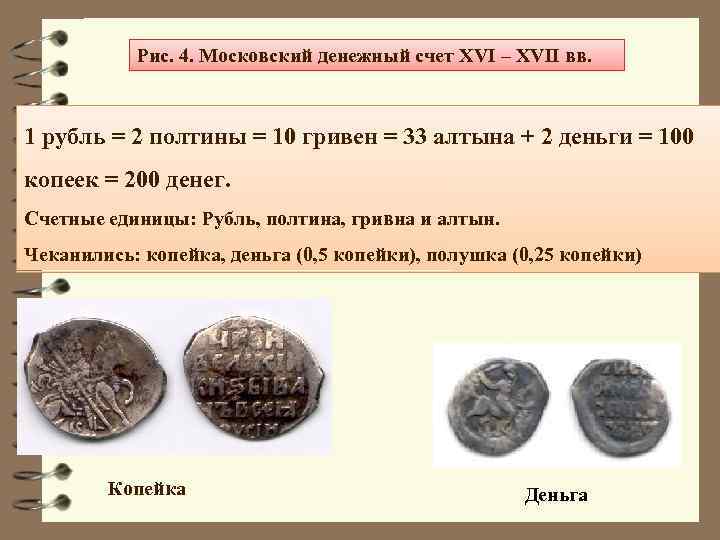 Рис. 4. Московский денежный счет XVI – XVII вв. 1 рубль = 2 полтины