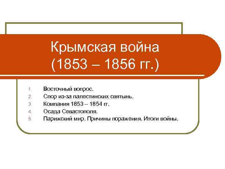 Крымская война (1853 – 1856 гг. ) 1. 2. 3. 4. 5. Восточный вопрос.