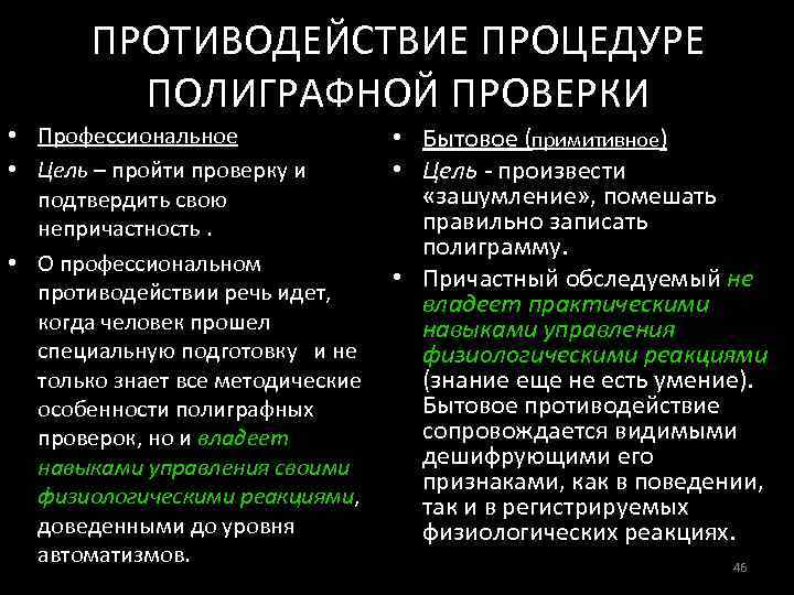 ПРОТИВОДЕЙСТВИЕ ПРОЦЕДУРЕ ПОЛИГРАФНОЙ ПРОВЕРКИ • Профессиональное • Цель – пройти проверку и подтвердить свою
