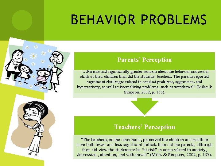 BEHAVIOR PROBLEMS Parents’ Perception “…Parents had significantly greater concern about the behavior and social