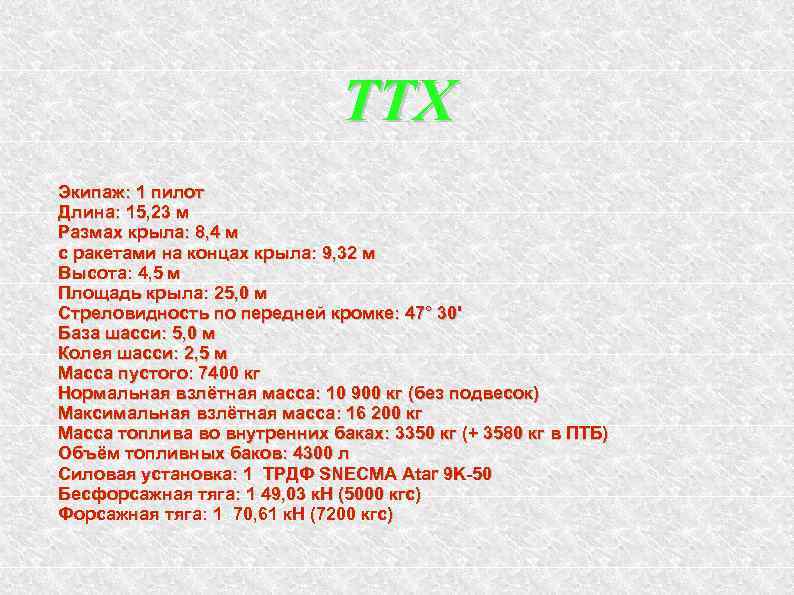 ТТХ Экипаж: 1 пилот Длина: 15, 23 м Размах крыла: 8, 4 м с