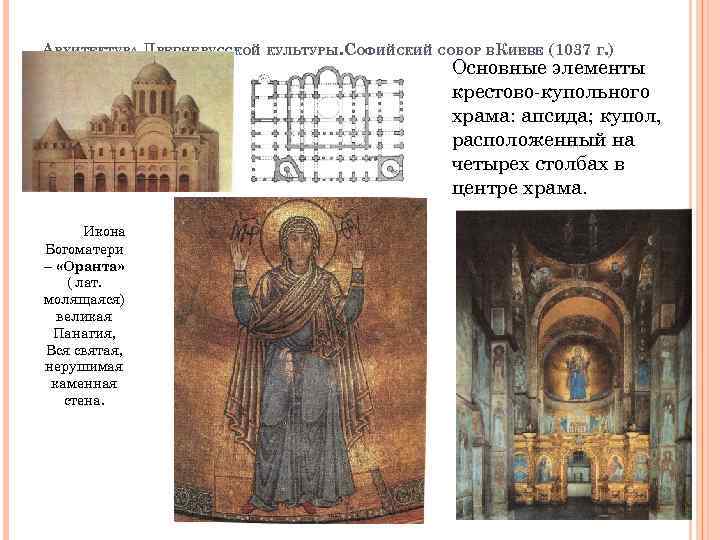 АРХИТЕКТУРА ДРЕВНЕРУССКОЙ КУЛЬТУРЫ. СОФИЙСКИЙ СОБОР ВКИЕВЕ (1037 Г. ) Основные элементы крестово-купольного храма: апсида;