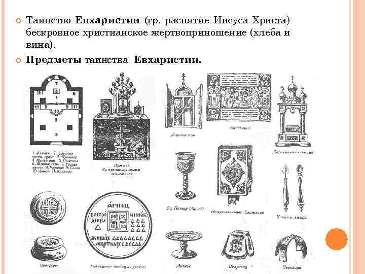  Таинство Евхаристии (гр. распятие Иисуса Христа) бескровное христианское жертвоприношение (хлеба и вина). Предметы