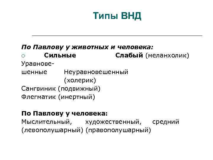 Типы ВНД По Павлову у животных и человека: Сильные Слабый (меланхолик) Уравновешенные Неуравновешенный (холерик)