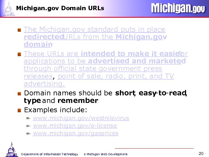 Michigan. gov Domain URLs The Michigan. gov standard puts in place redirected URLs from