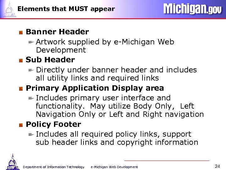 Elements that MUST appear Banner Header Artwork supplied by e-Michigan Web Development Sub Header