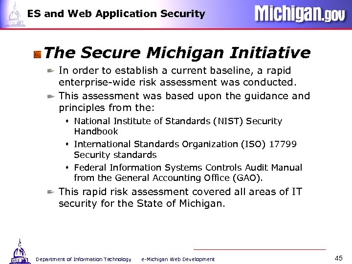 ES and Web Application Security The Secure Michigan Initiative In order to establish a