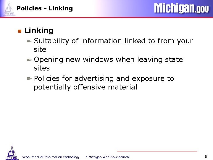 Policies - Linking Suitability of information linked to from your site Opening new windows