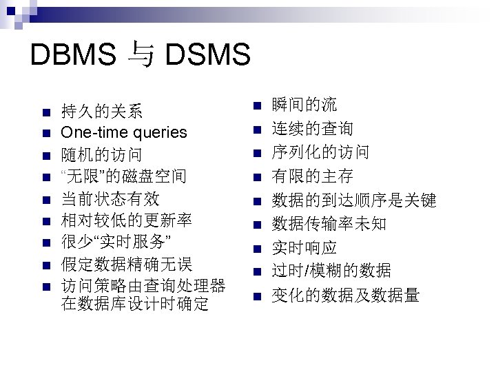 DBMS 与 DSMS n n n n n 持久的关系 One-time queries 随机的访问 “无限”的磁盘空间 当前状态有效