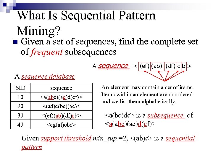 What Is Sequential Pattern Mining? n Given a set of sequences, find the complete