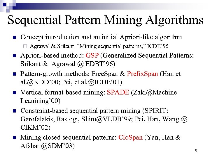 Sequential Pattern Mining Algorithms n Concept introduction and an initial Apriori-like algorithm ¨ n