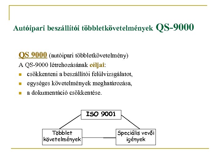 Autóipari beszállítói többletkövetelmények QS 9000 (autóipari többletkövetelmény) A QS-9000 létrehozásának céljai: n csökkenteni a
