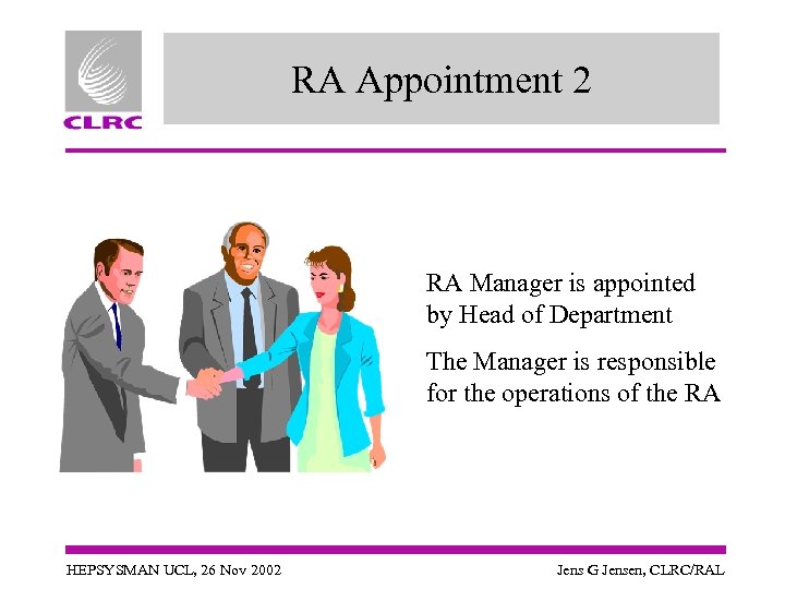 RA Appointment 2 RA Manager is appointed by Head of Department The Manager is