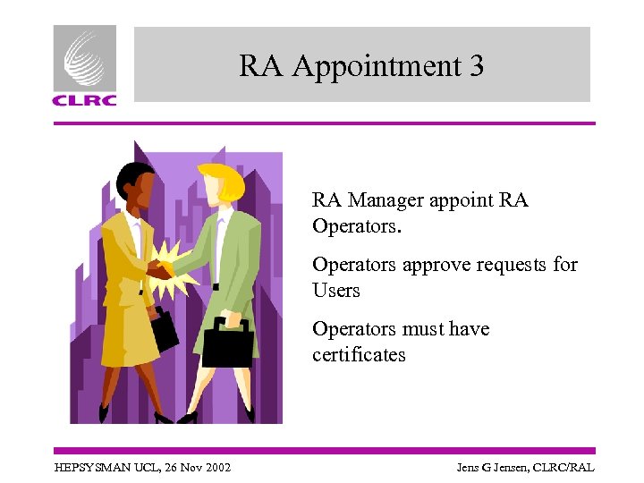 RA Appointment 3 RA Manager appoint RA Operators approve requests for Users Operators must
