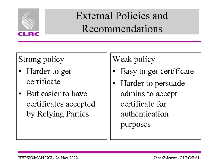 External Policies and Recommendations Strong policy • Harder to get certificate • But easier