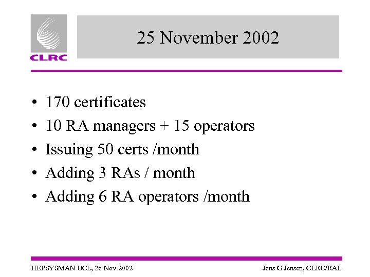 25 November 2002 • • • 170 certificates 10 RA managers + 15 operators