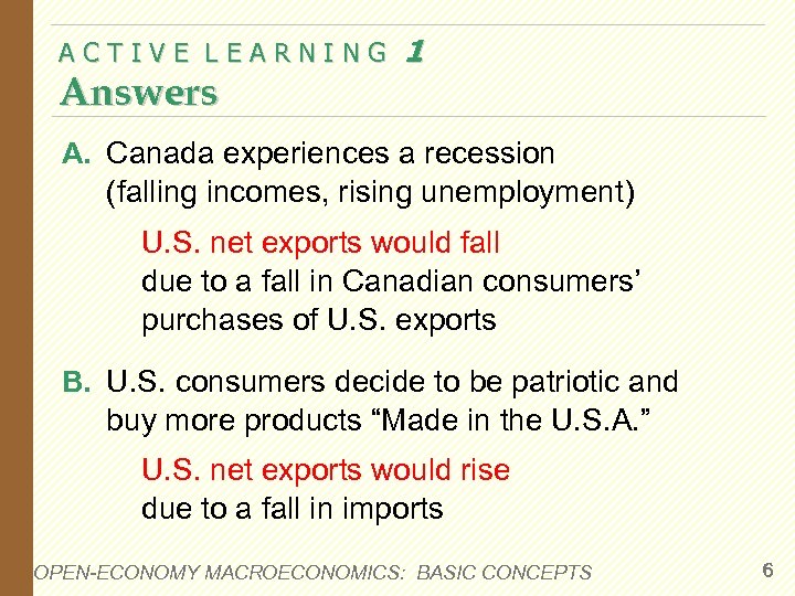 ACTIVE LEARNING Answers 1 A. Canada experiences a recession (falling incomes, rising unemployment) U.
