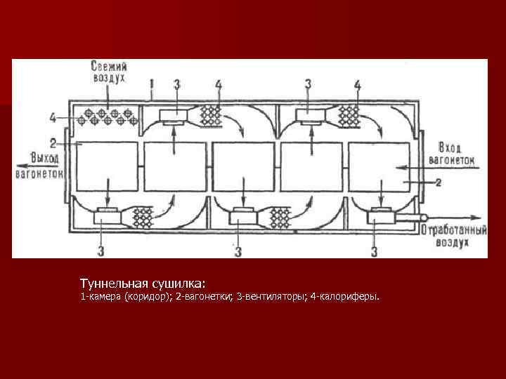 Туннельная сушилка: 1 камера (коридор); 2 вагонетки; 3 вентиляторы; 4 калориферы. 