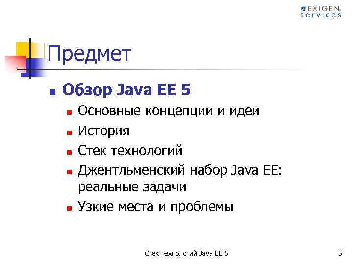 Предмет n Обзор Java EE 5 n n n Основные концепции и идеи История