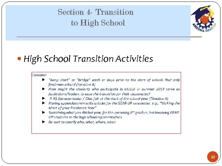 Section 4 - Transition to High School Transition Activities 13 