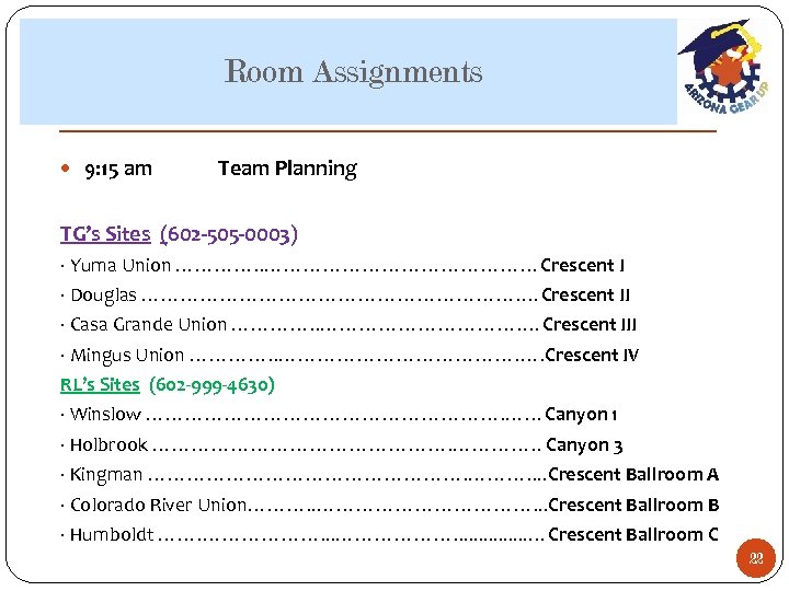 Room Assignments 9: 15 am Team Planning TG’s Sites (602 -505 -0003) · Yuma