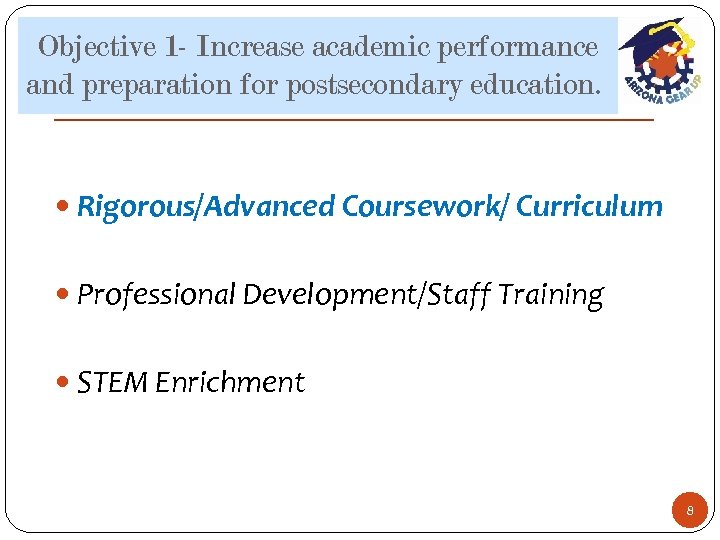 Objective 1 - Increase academic performance and preparation for postsecondary education. Rigorous/Advanced Coursework/ Curriculum