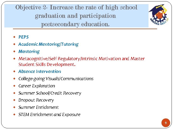 Objective 2 - Increase the rate of high school graduation and participation postsecondary education.