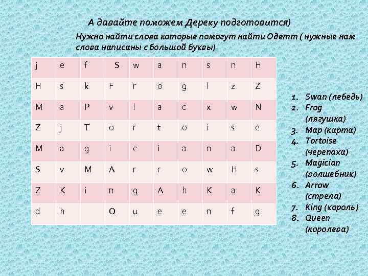 А давайте поможем Дереку подготовится) Нужно найти слова которые помогут найти Одетт ( нужные