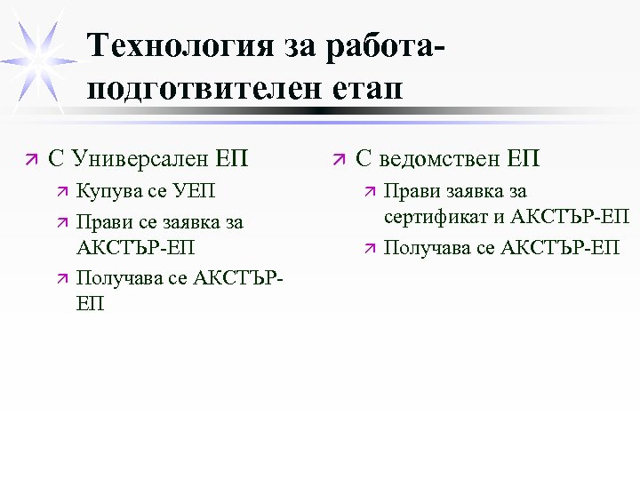 Технология за работаподготвителен етап ä С Универсален ЕП ä ä ä Купува се УЕП