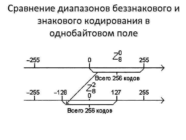 Сравнение диапазонов беззнакового и знакового кодирования в однобайтовом поле 