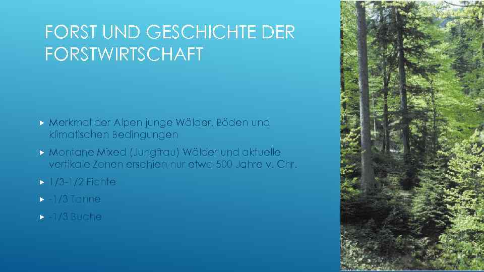 FORST UND GESCHICHTE DER FORSTWIRTSCHAFT Merkmal der Alpen junge Wälder, Böden und klimatischen Bedingungen