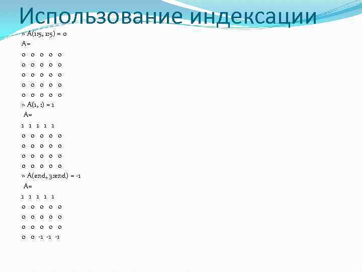 Использование индексации » A(1: 5, 1: 5) = 0 A= 0 0 0 0