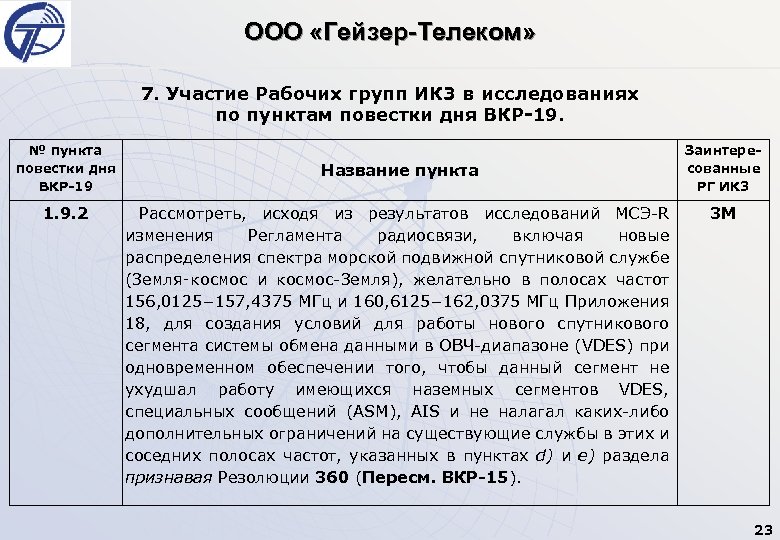 ООО «Гейзер-Телеком» 7. Участие Рабочих групп ИК 3 в исследованиях по пунктам повестки дня