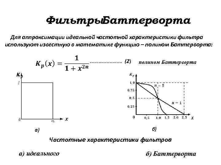 Фильтры. Баттерворта Для аппроксимации идеальной частотной характеристики фильтра используют известную в математике функцию –