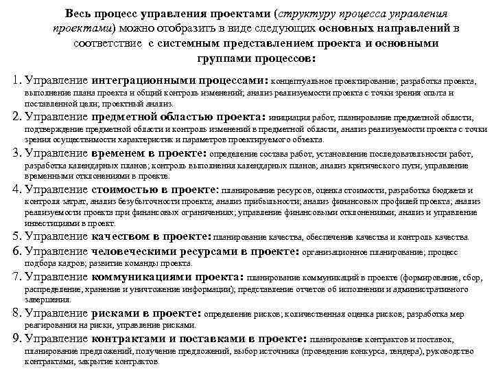 Весь процесс управления проектами (структуру процесса управления проектами) можно отобразить в виде следующих основных